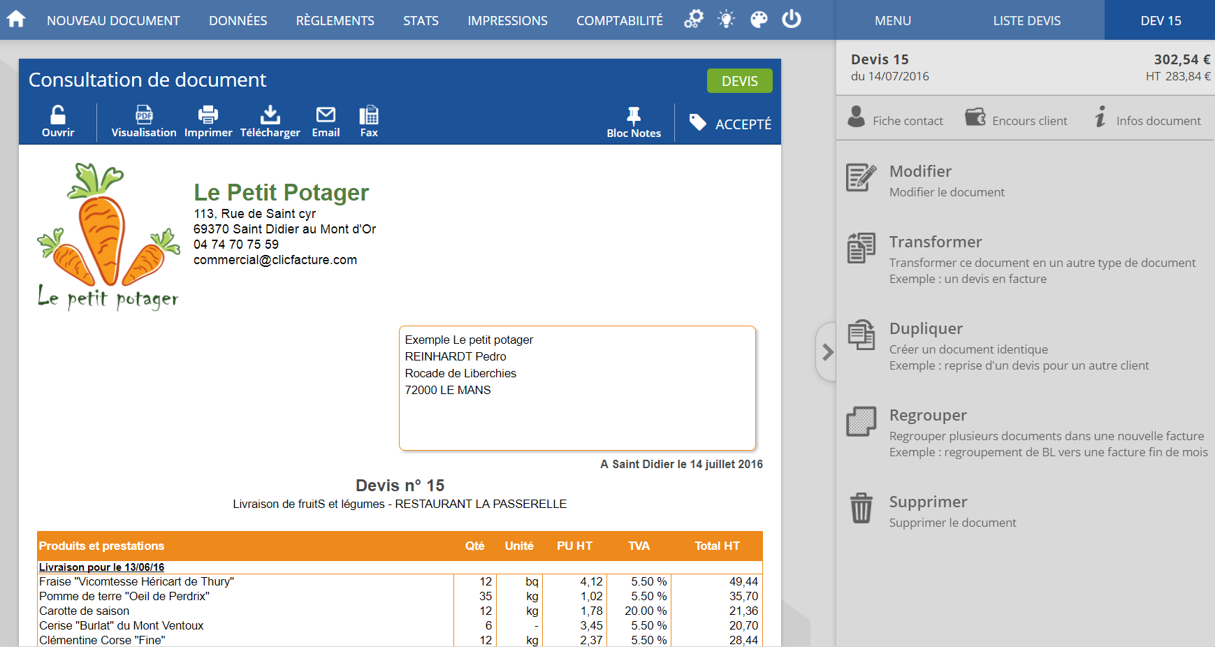 ClicFacture - Visualizzazione di un preventivo on line