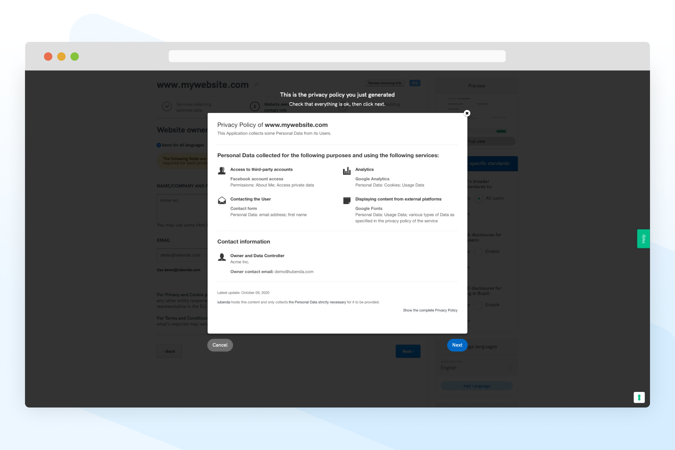 iubenda - Privacy and Cookie Policy example