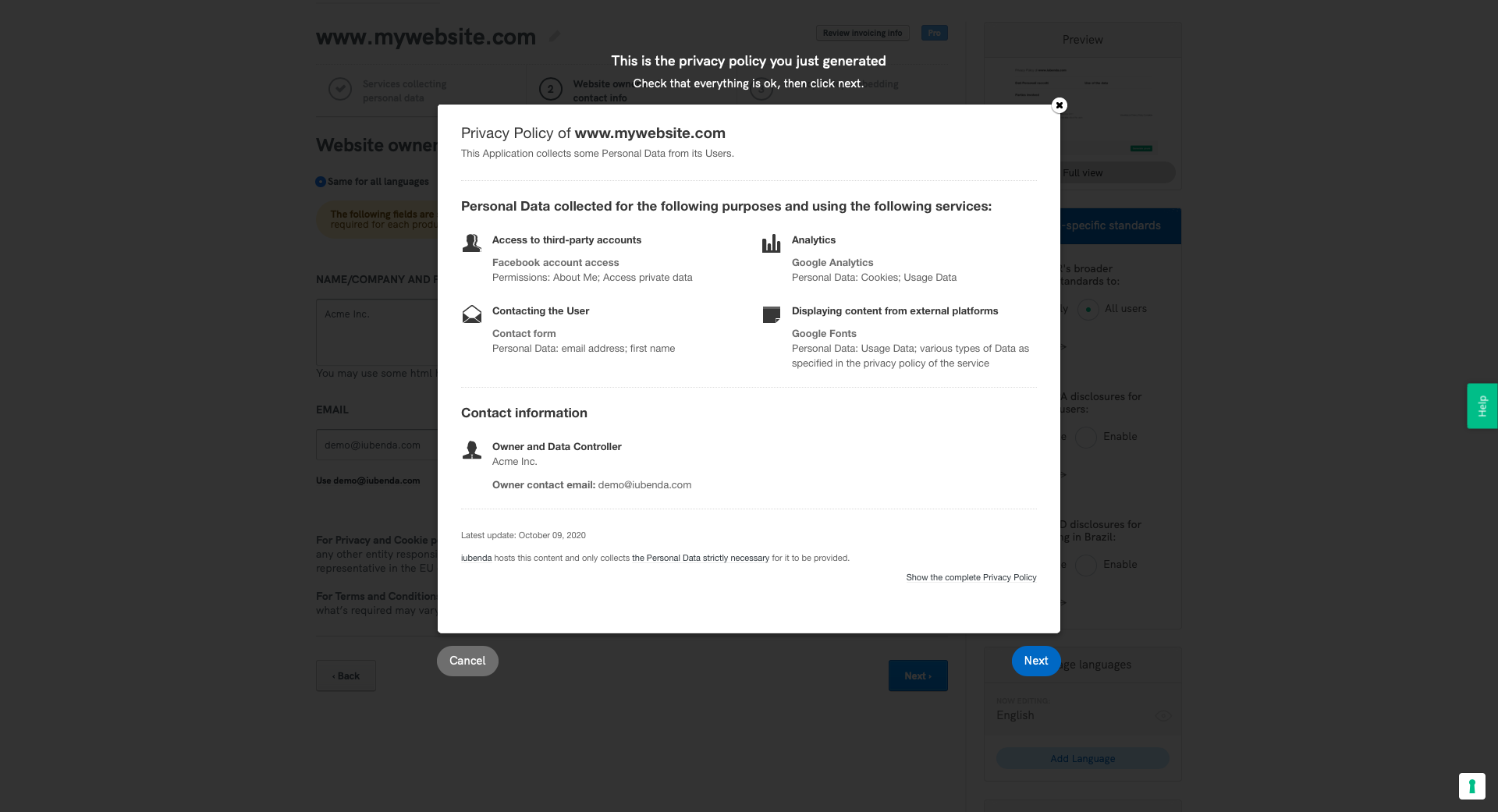 iubenda - Generator für Datenschutz- und Cookie-Richtlinien