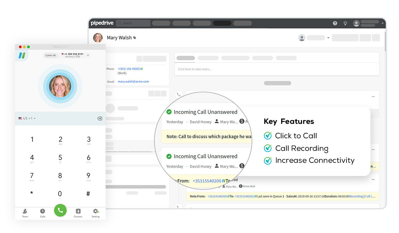 NUACOM - Easily combine your calls with one of our native integrations, like Pipedrive.