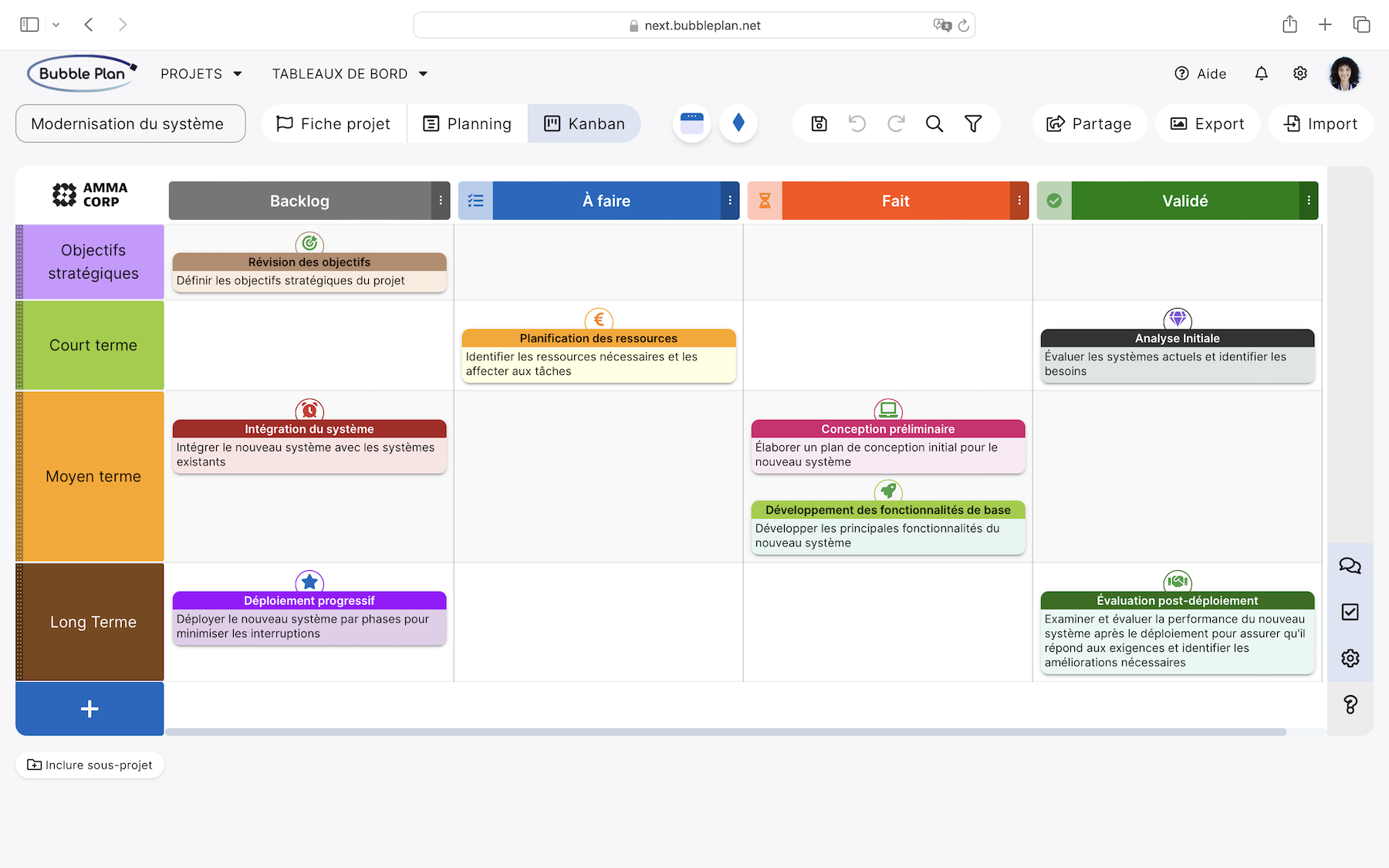 Bubble Plan - mode Kanban intuitif, à double entrée