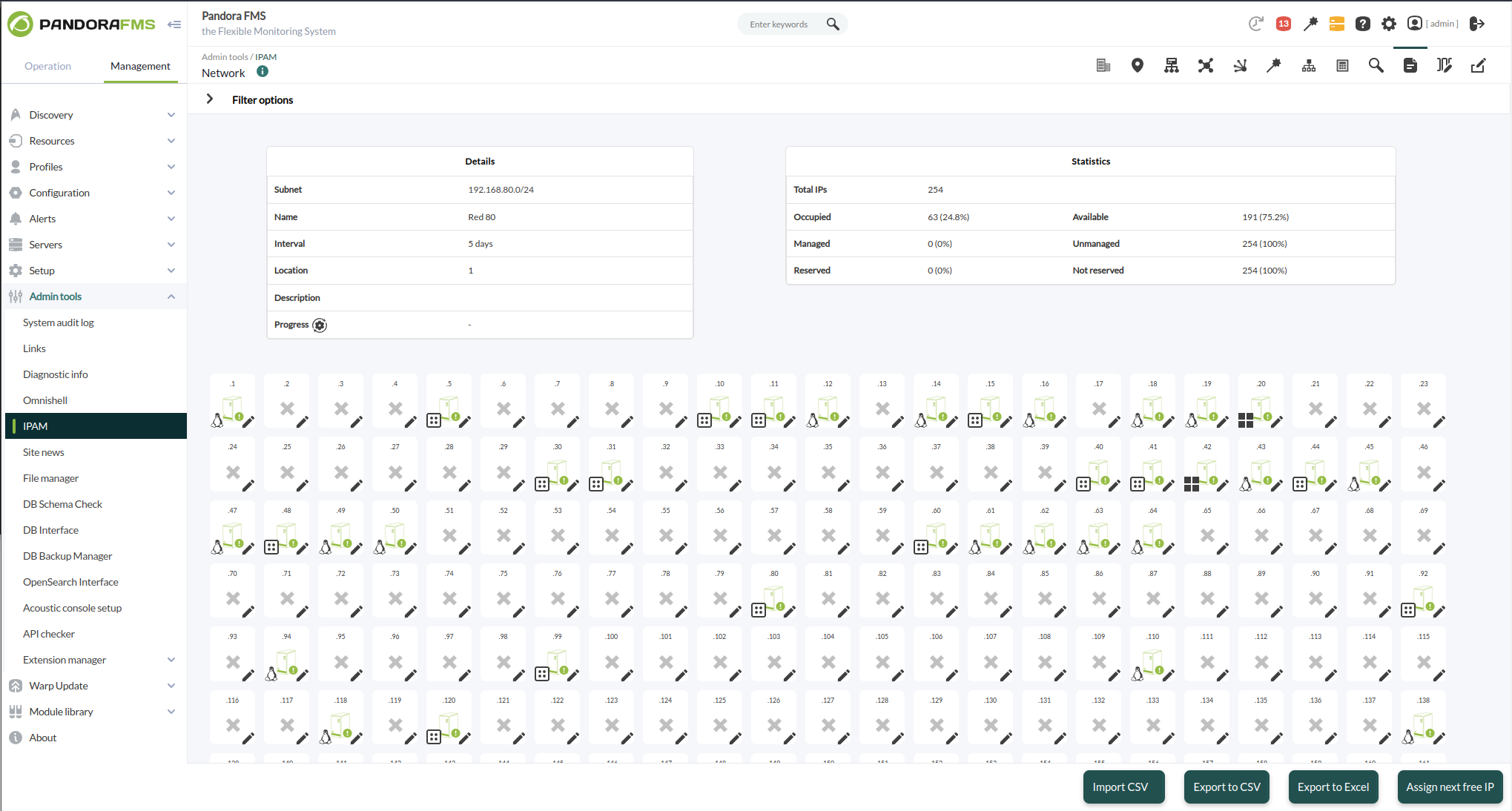 Pandora FMS - Com a extensão IPAM, poderemos gerenciar os IPs de nossas redes, descobrir os hosts de uma sub-rede e detectar sua disponibilidade ou alterações de nome de host.