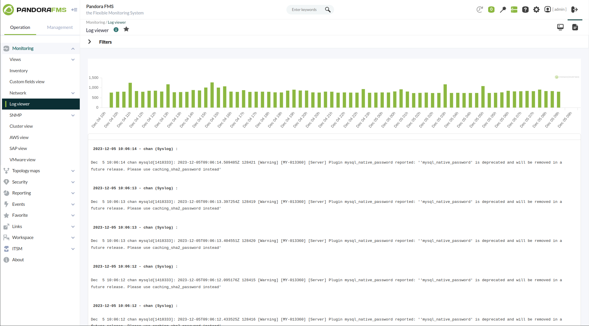 Pandora FMS - Pandora FMS beinhaltet LogStash + ElasticSearch zur Speicherung von Log-Informationen, was eine erhebliche Verbesserung der Leistung bedeutet.