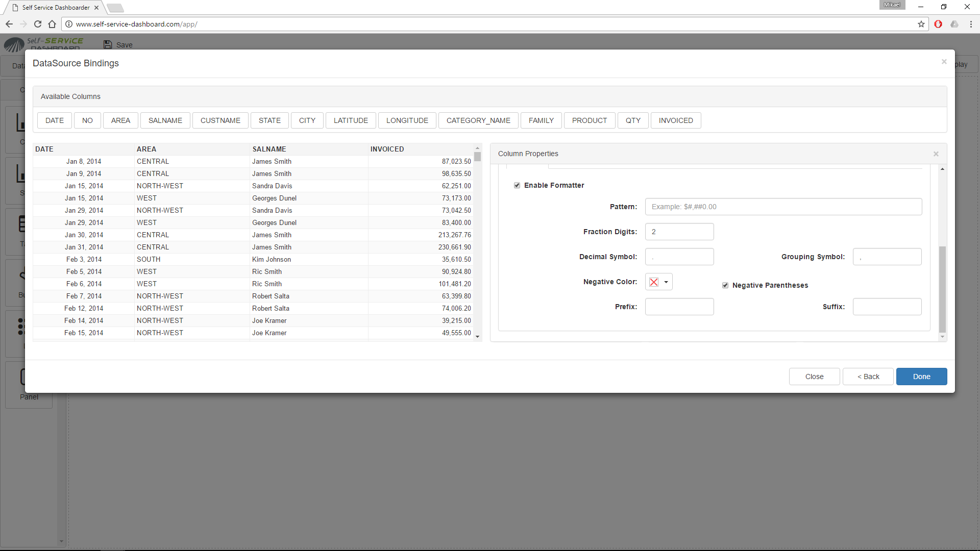 Self-Service DASHBOARD - formatos de campo