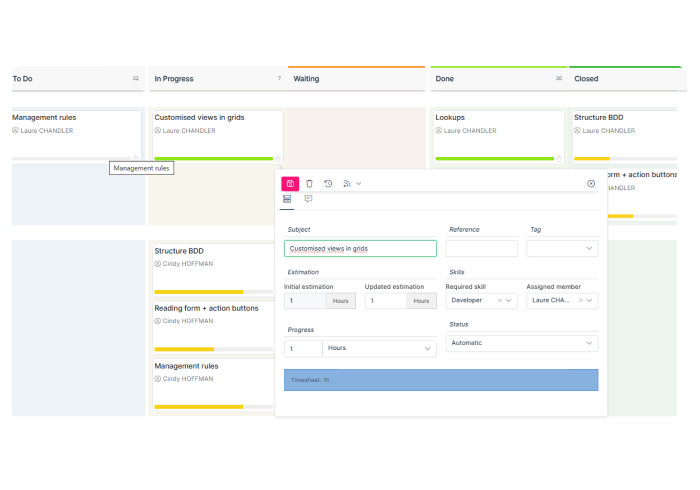 efficy Enterprise CRM - Project Management: With the kanban project view, you can shift tasks and the corresponding team members with a simple drag and drop. Everyone involved can access the same schedule, and it’s updated in real-time.