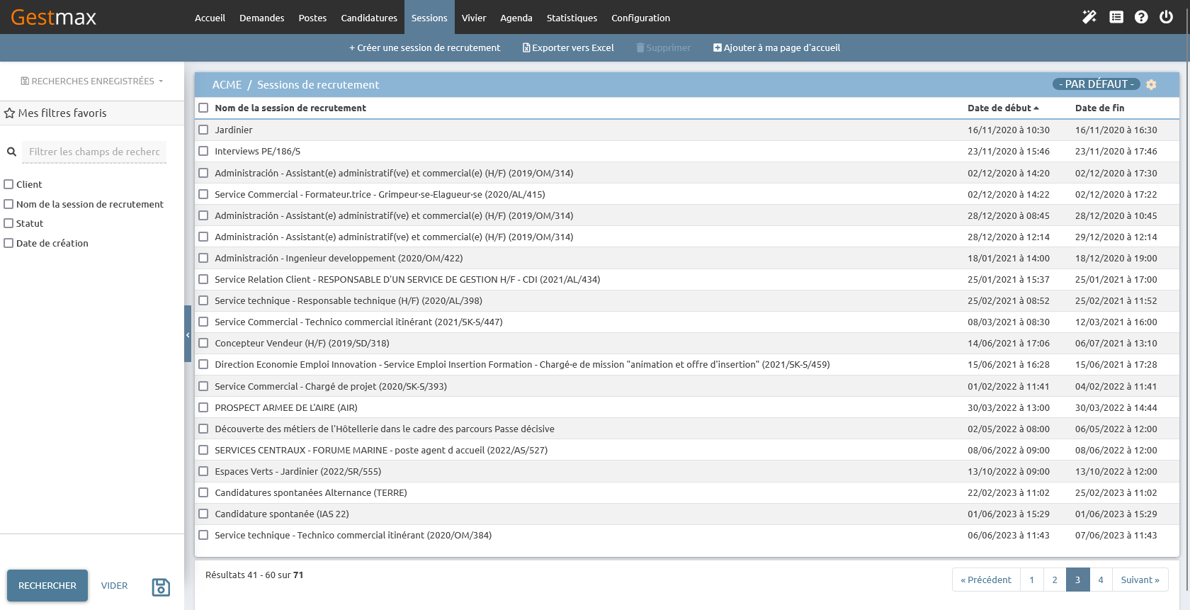 Gestmax - Liste des sessions de recrutement