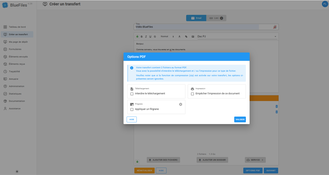 BlueFiles - Mettre des options sur les pièces jointes PDF (restrictions, filigrane)
