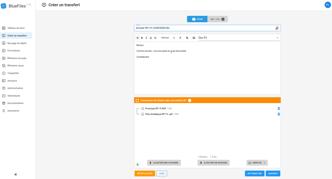BlueFiles - Créer un transfert et ajouter des pièces jointes