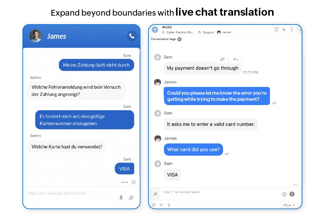 Zoho SalesIQ - Identifique mais de 28 idiomas nos quais seus clientes podem estar conversando e responda a eles em seu idioma nativo com tradução ao vivo via chat.