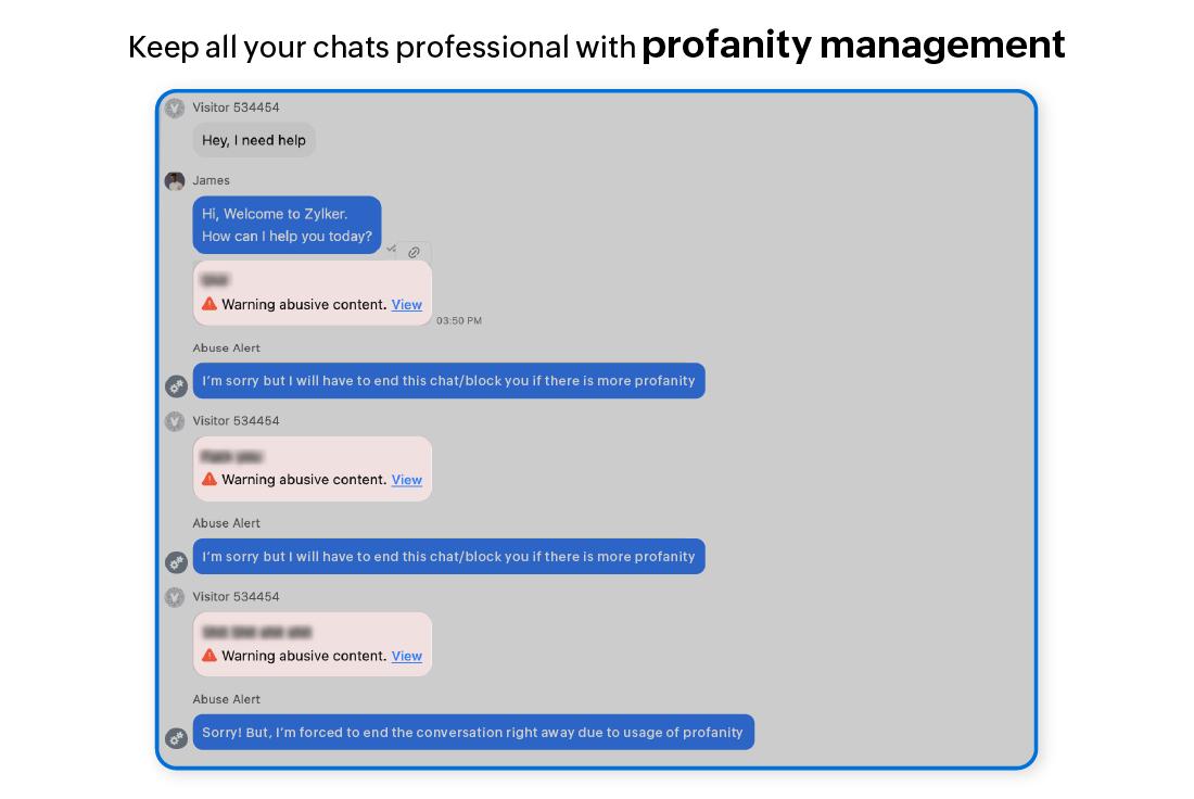 Zoho SalesIQ - Configura los bots para que bloqueen automáticamente las IP que utilicen un lenguaje abusivo, protegiendo a los agentes de la mejor manera posible.