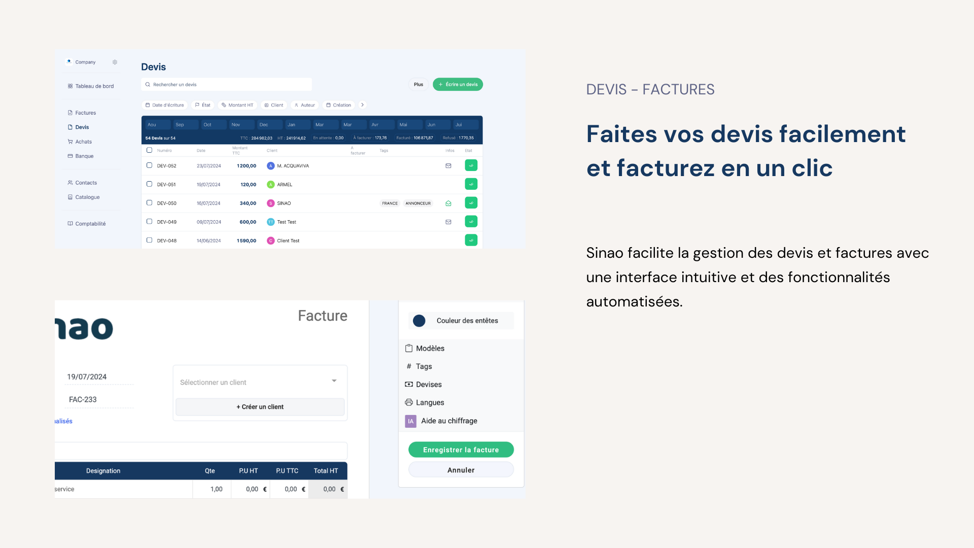 Sinao Comptabilité & Gestion - Personnalisez vos factures et vos devis