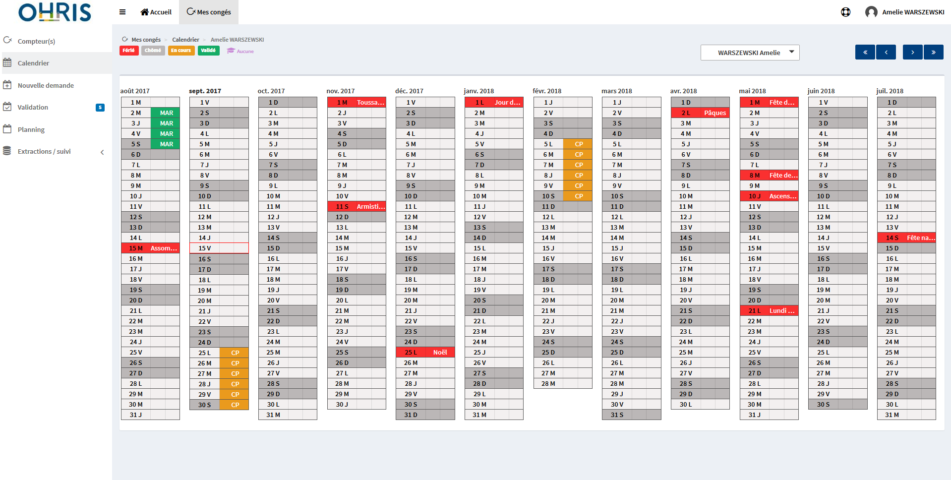 oHRis Congés - Calendário individual de Ohris licença remunerada