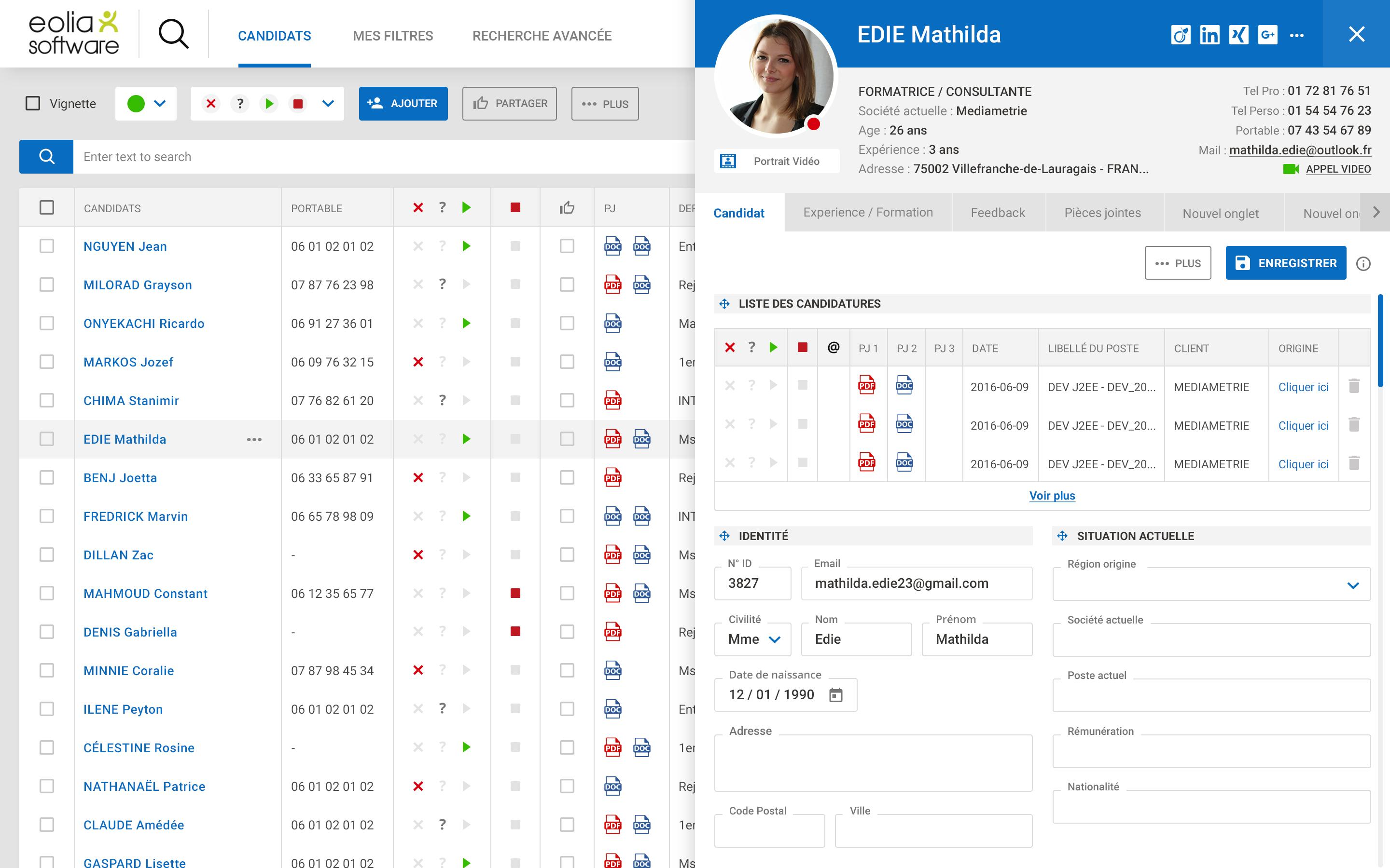 EOLIA Software - portal de vista reclutador - lista de candidatos + apertura de un perfil de candidato