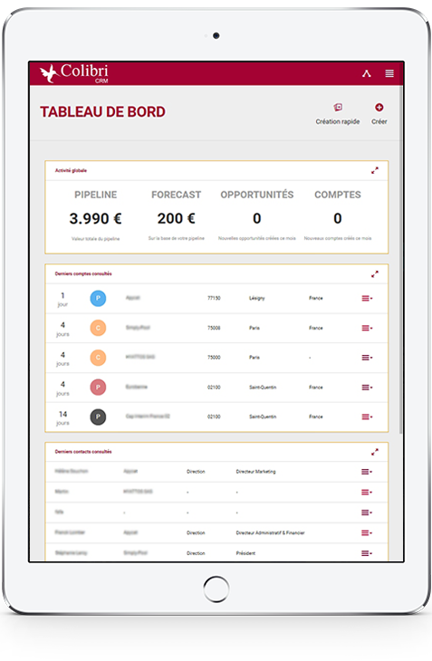 ColibriCRM - Disponible sur tablette et mobile IOS et Android