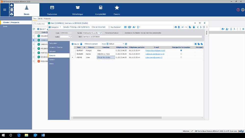 EBP Devis Facturation Bâtiment - Multi contact fiche client
