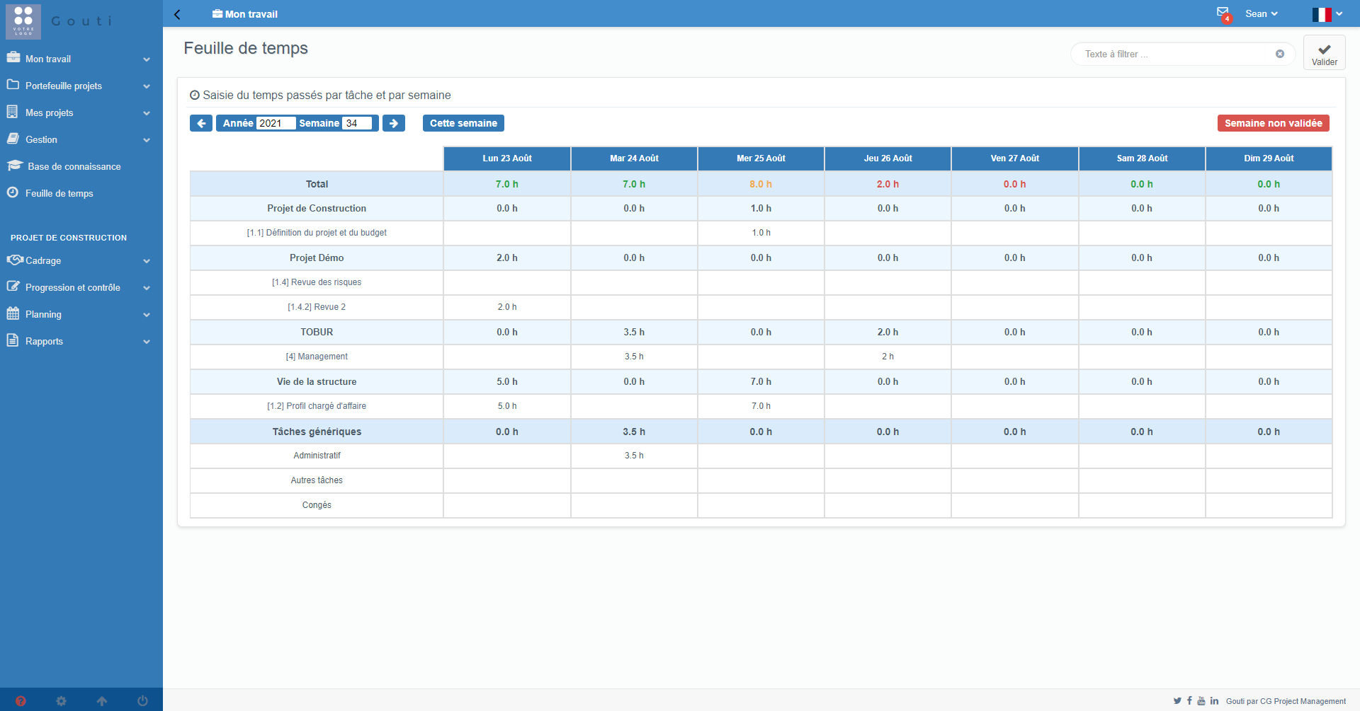 Gouti - Chaque utilisateur dispose d'une feuille de temps dans laquelle il peut reporter les heures qu'il a passé sur ses tâches projets et sur des tâches génériques hors projets (ex : administratif, congés...)