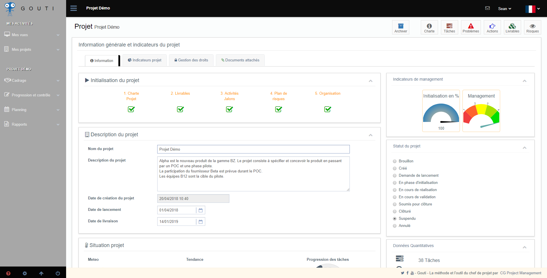 Gouti - Project's sheet with the progress and management indicators.