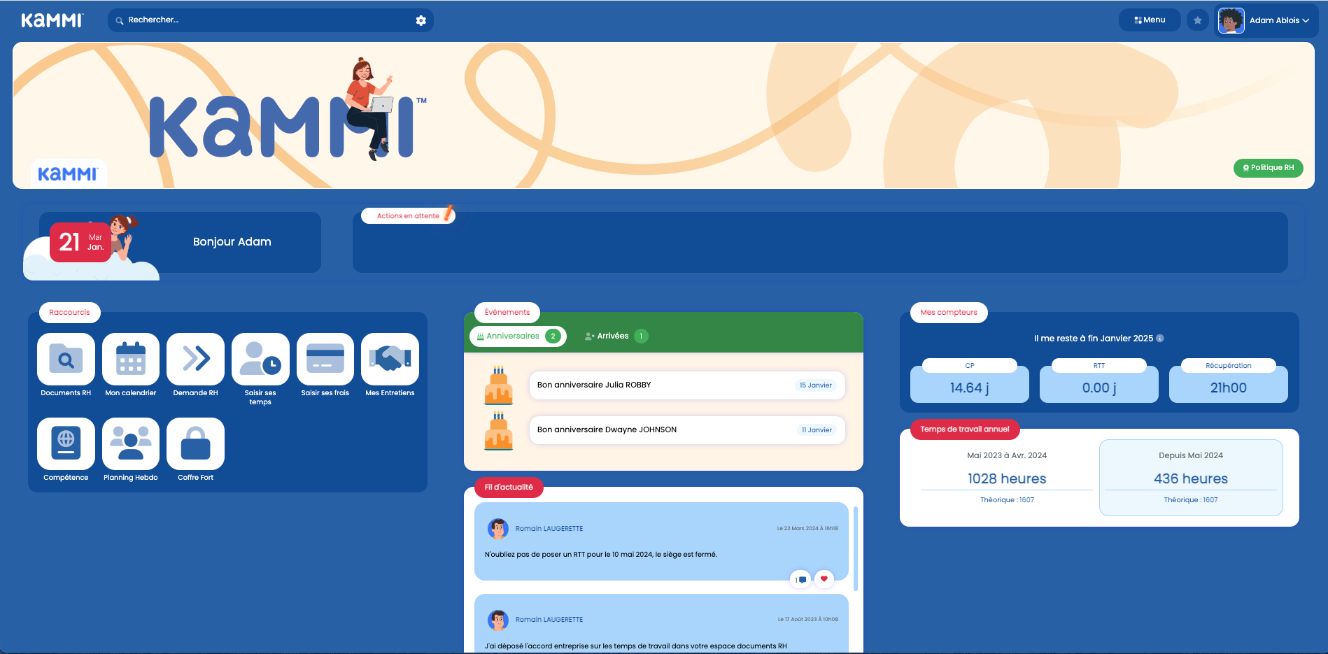 KAMMI Congés et Absences - Accueil RH qui s'adapte aux droits de vos utilisateurs.