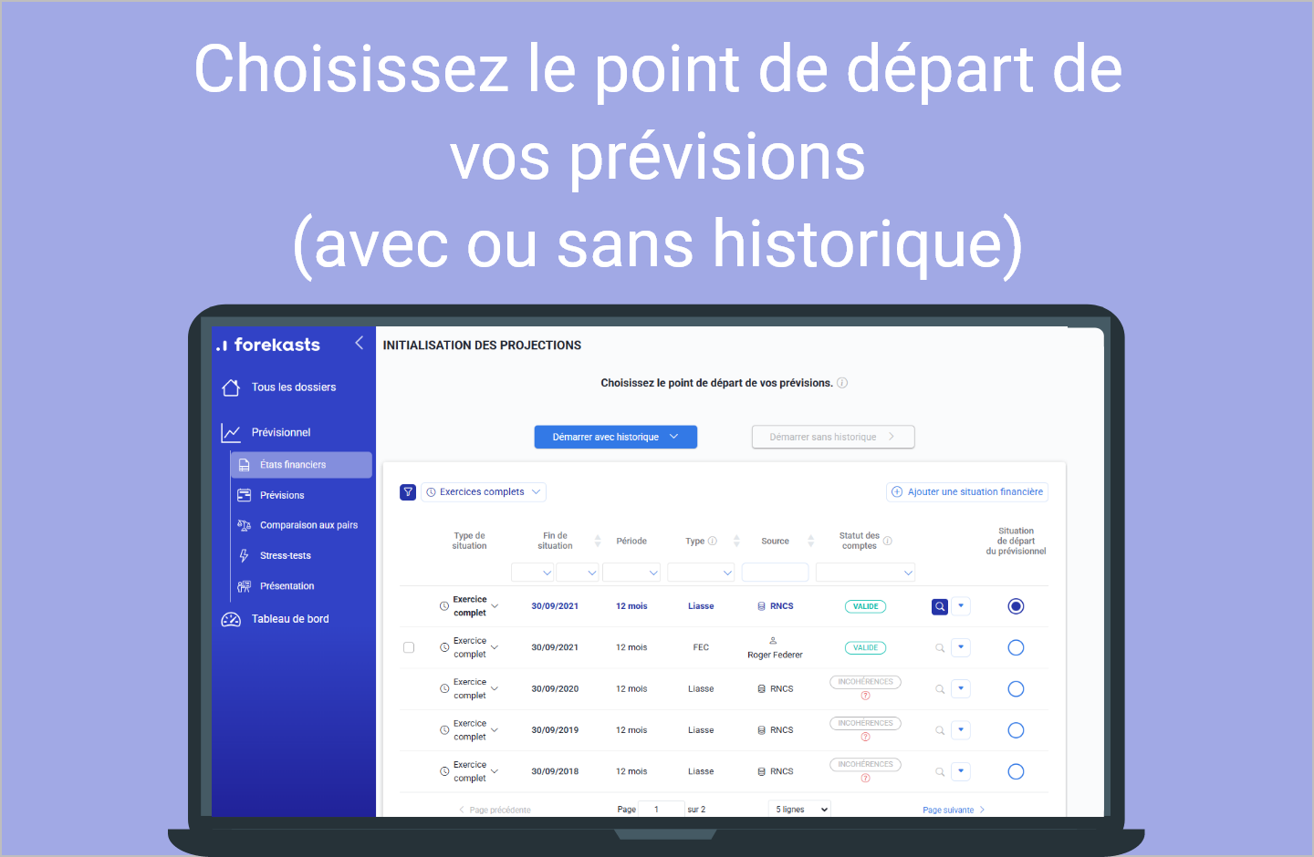 Forekasts - Choisissez le point de départ de vos prévisions 
(avec ou sans historique financier).