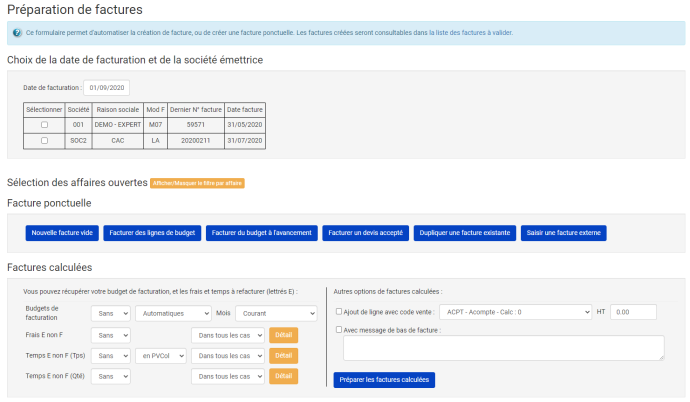 Tempolia - Tempolia Expert - Préparation de facture au forfait, temps passés, à l'avancement - facturation