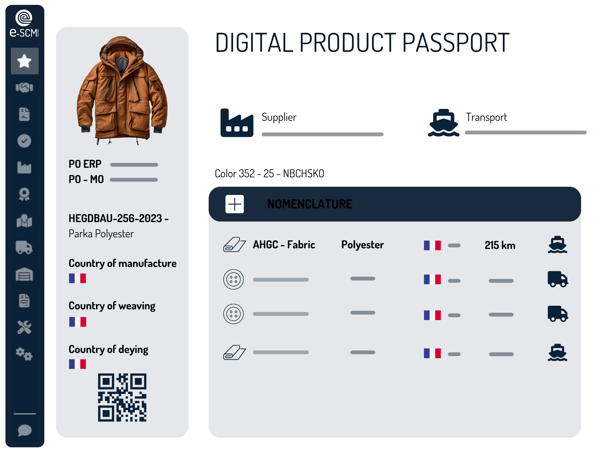 e-SCM Solutions - The digital product passport allows, from a unique code generated for each batch of finished product, to access all or part of the traceability data at the finest level (or SKU).