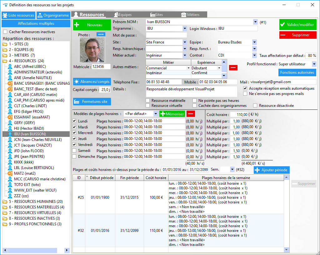 VisualProjet - Gestion des ressources : droits fonctionnels, plages horaires, périodes de présences, taux horaires, ...