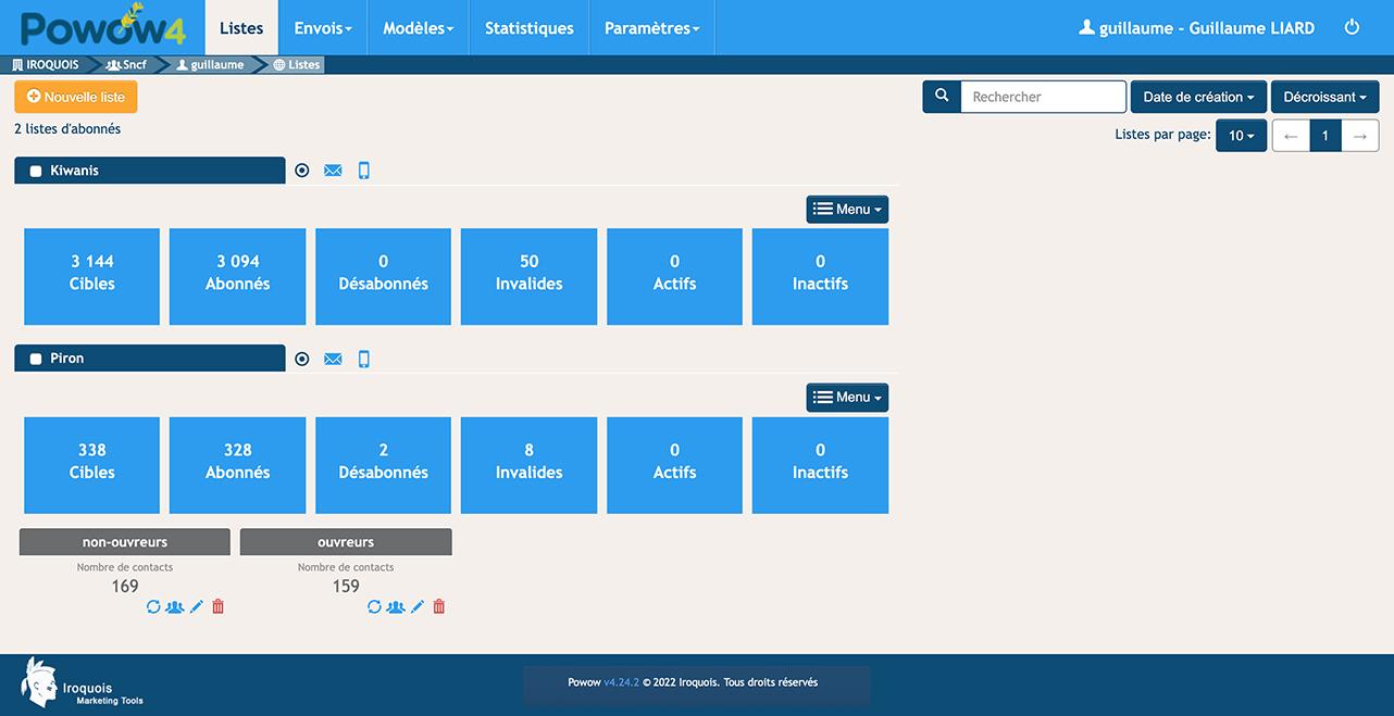 Iroquois - Affichage des différentes listes d'abonnés sms ou emailing