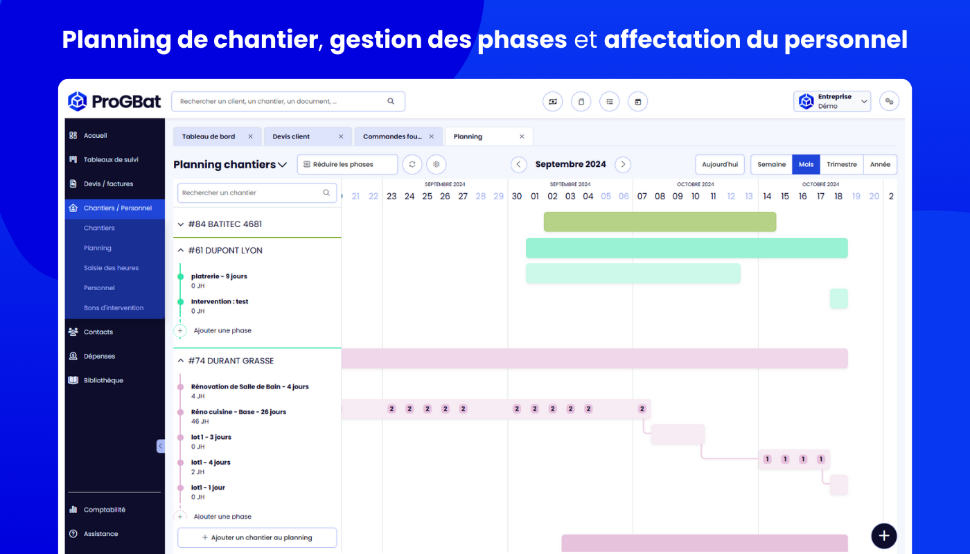 ProGBat - Planifiez vos chantiers et les différentes phases et affectez votre personnel