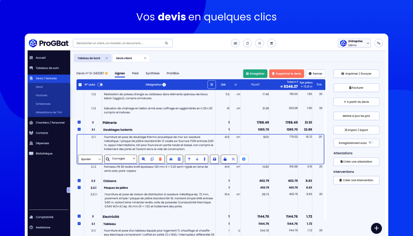 ProGBat - Devis en quelques clics avec vos ouvrages composés. Possibilité de les envoyer par mail et en signature électronique