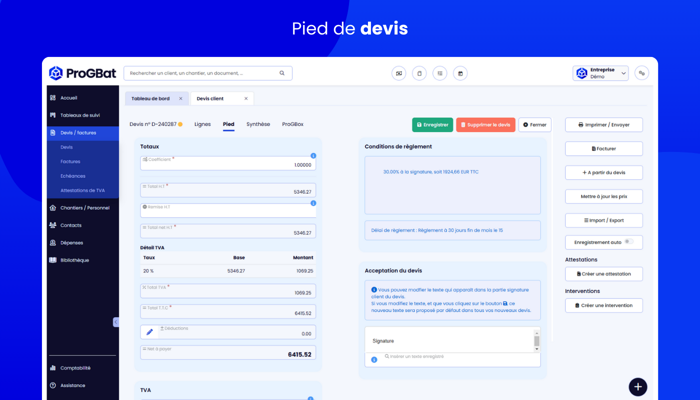 ProGBat - Ajuster votre coefficient, vos conditions de règlement et d'acceptation du devis ainsi que les déductions depuis le pied de page du devis