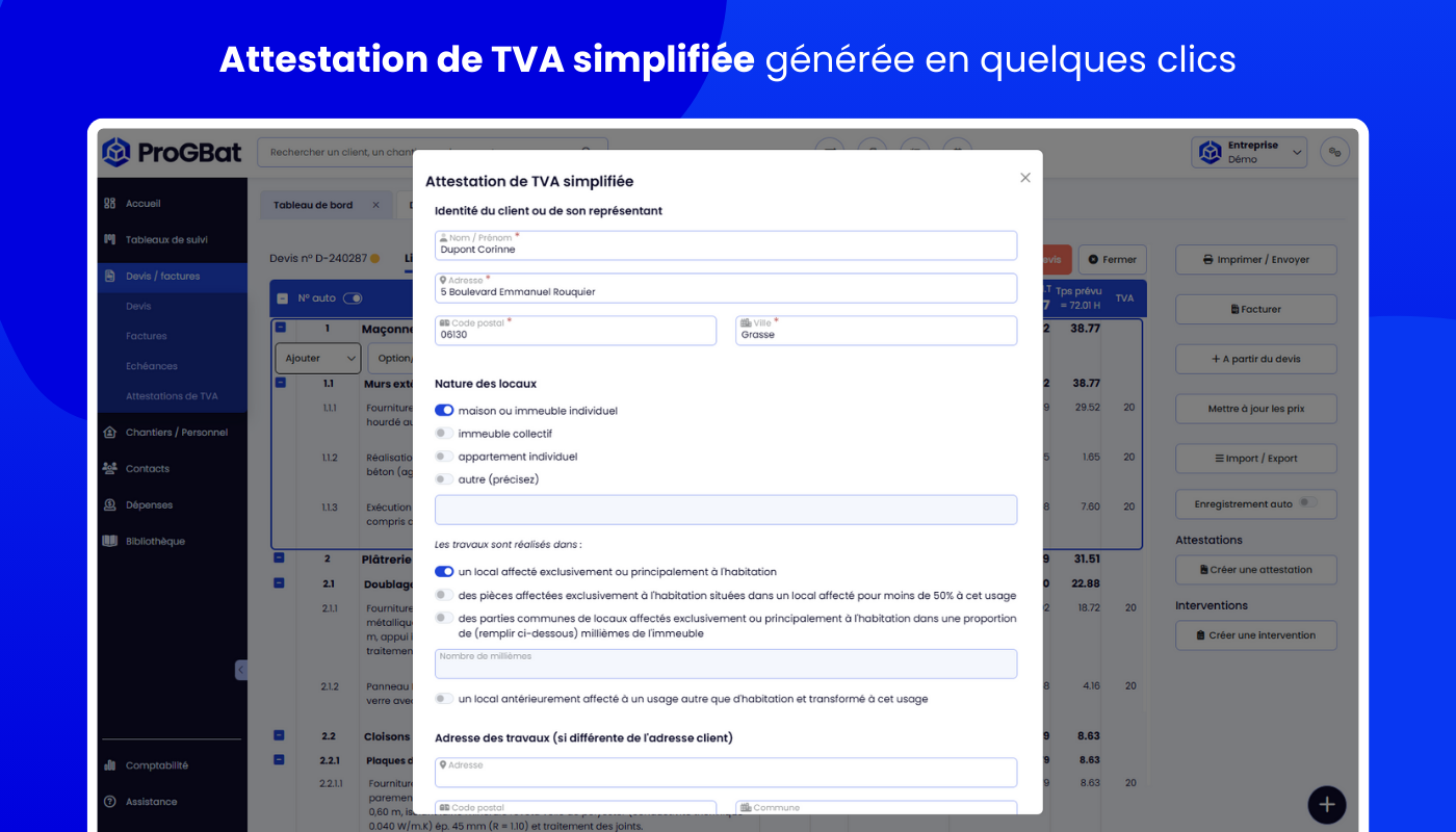 ProGBat - Générez et intégrez vos attestations de TVA lors de l'envoi de vos devis