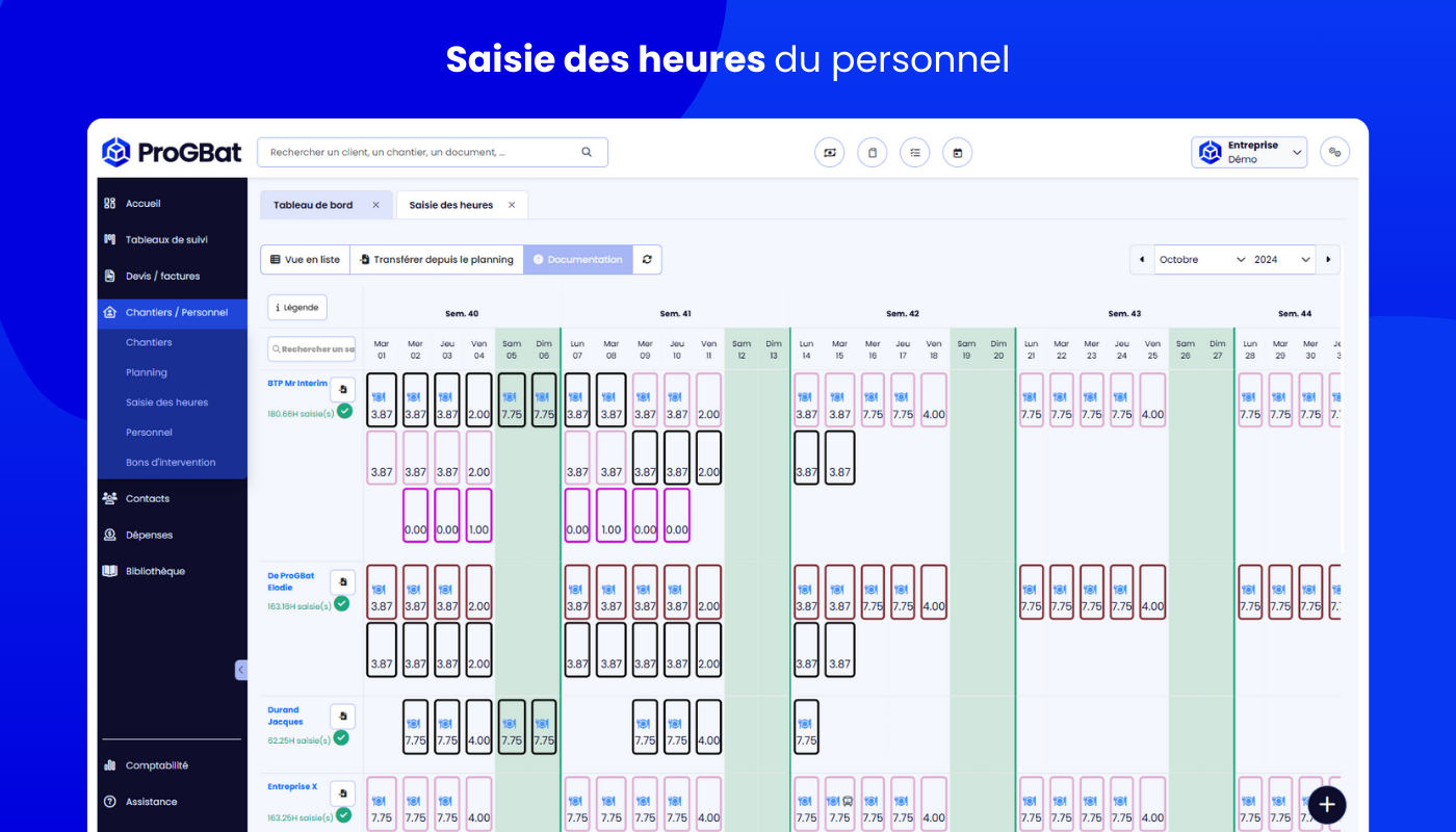 ProGBat - Saisissez les heures de vos salariés incluant les paniers repas, les déplacements pour maitriser votre rentabilité