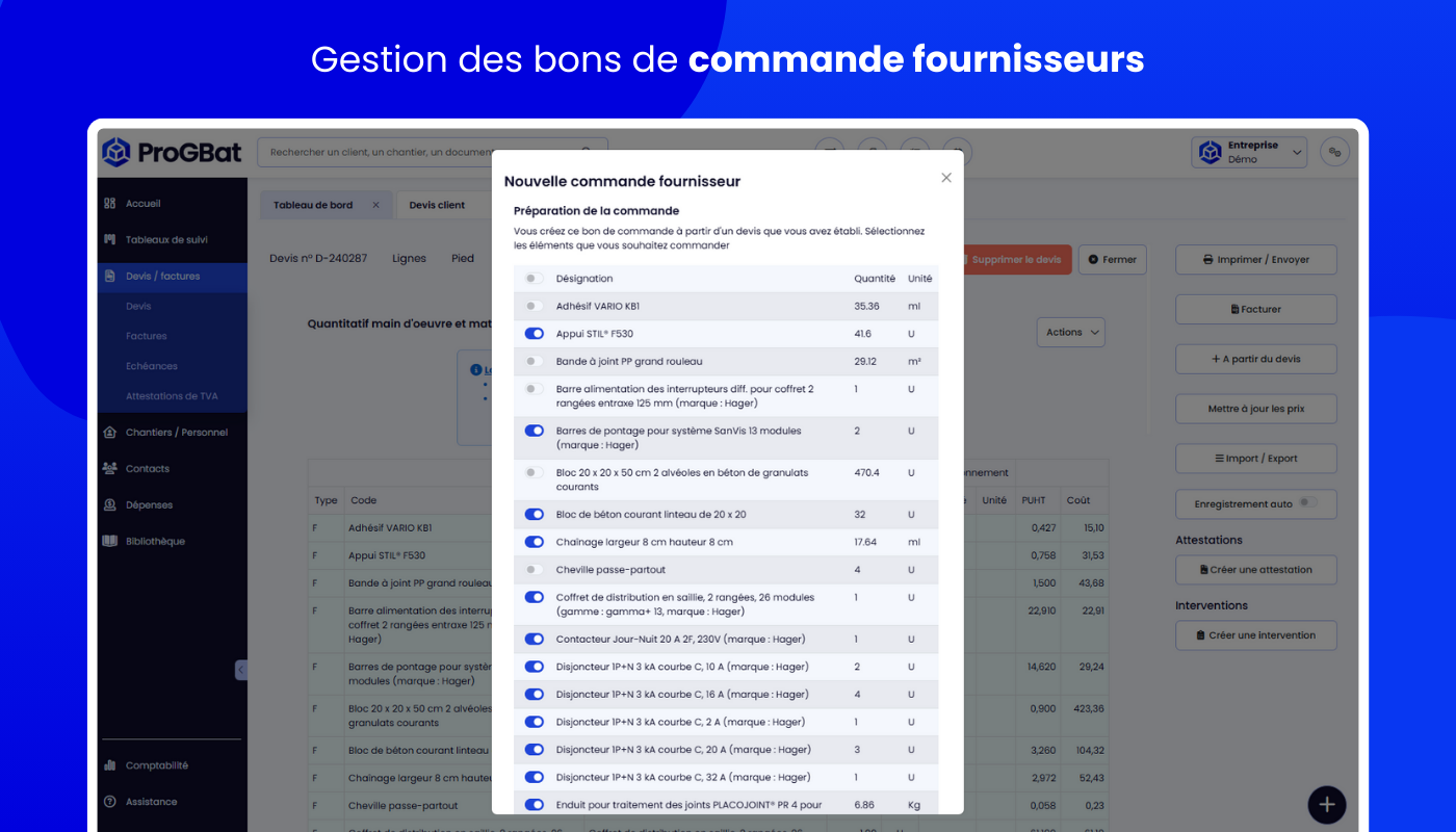 ProGBat - Envoyez vos demandes de tarifs à vos fournisseurs depuis la synthèse du devis et gérez vos commandes de matériel