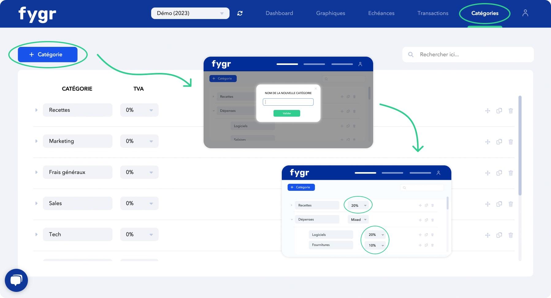 Fygr - Fygr vous permet de personnaliser une arborescence de catégories et sous-catégories de façon 100% personnalisée. Construisez un dashboard qui a du sens pour vous, et qui permet d'automatiser le calcul de votre TVA prévisionnelle.