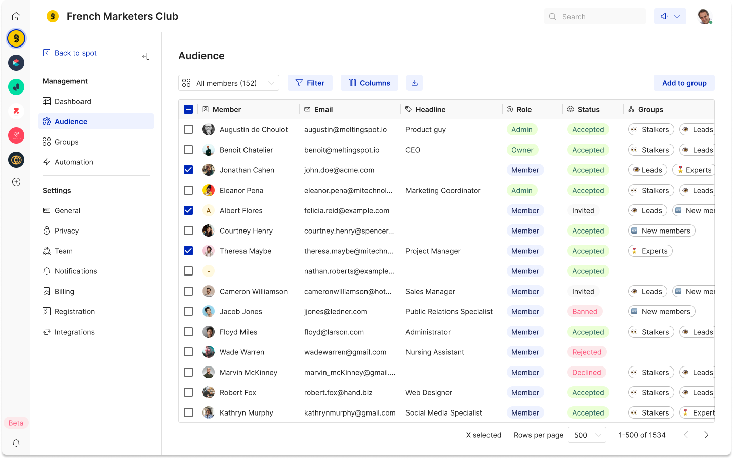 MeltingSpot - This section gathers all your community members. You can add them to groups and see their status on your Spot and which tags you added.