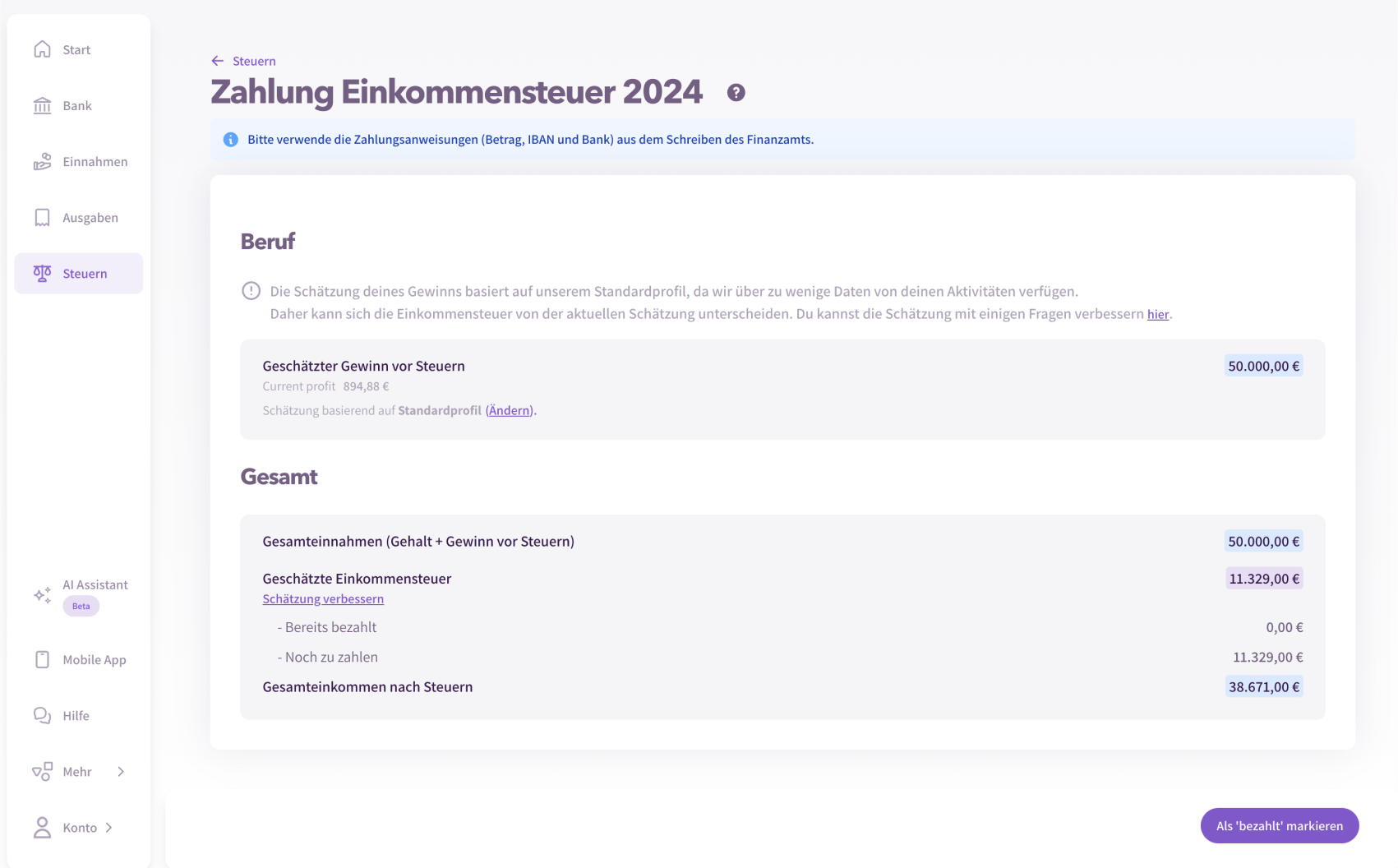 Accountable - Behalte stets im Blick, wie viel du voraussichtlich für Steuern zurücklegen solltest.