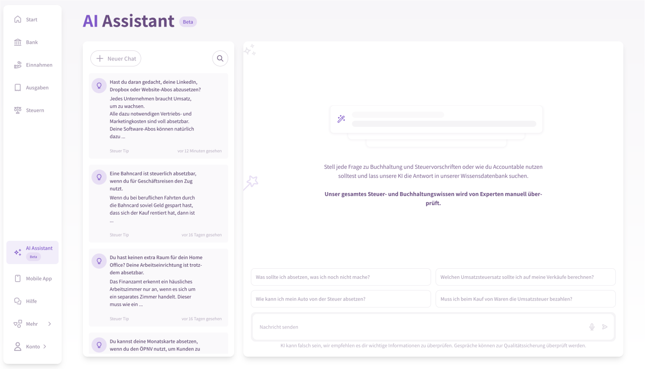 Accountable - Erhalte Antworten auf all deine Steuerfragen direkt von unserem AI-Assistenten.