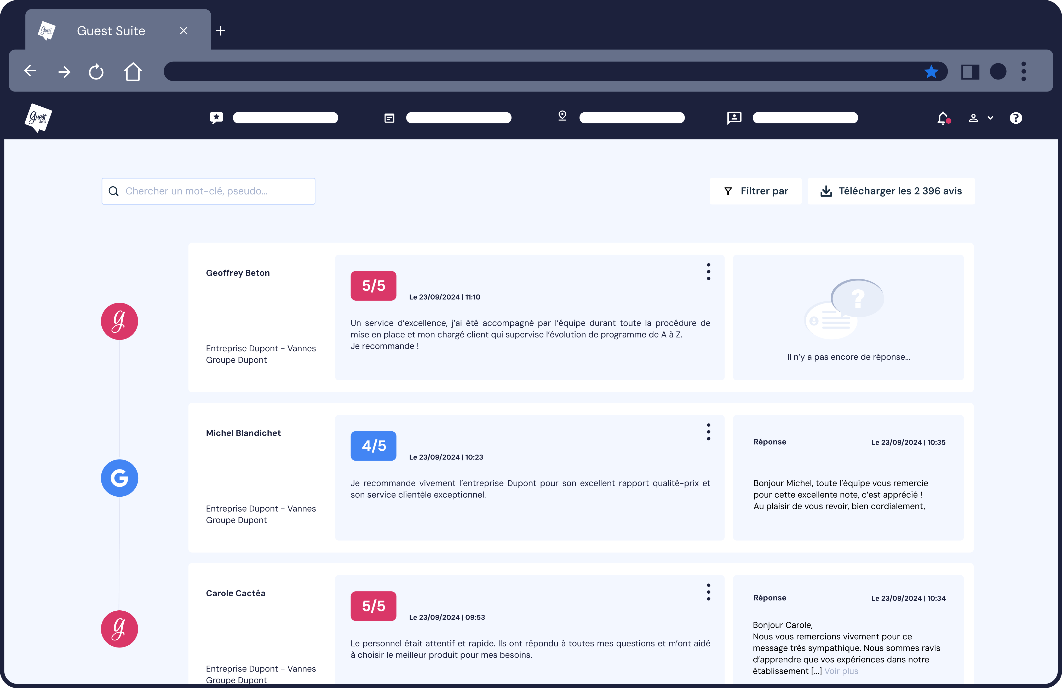 Guest Suite - Interface de flux d'avis. Vous pouvez ainsi visualiser tout vos avis, les trier selon la note, des mots-clés précis, ... Vous avez également la possibilité de répondre aux avis directement au sein de cette interface.