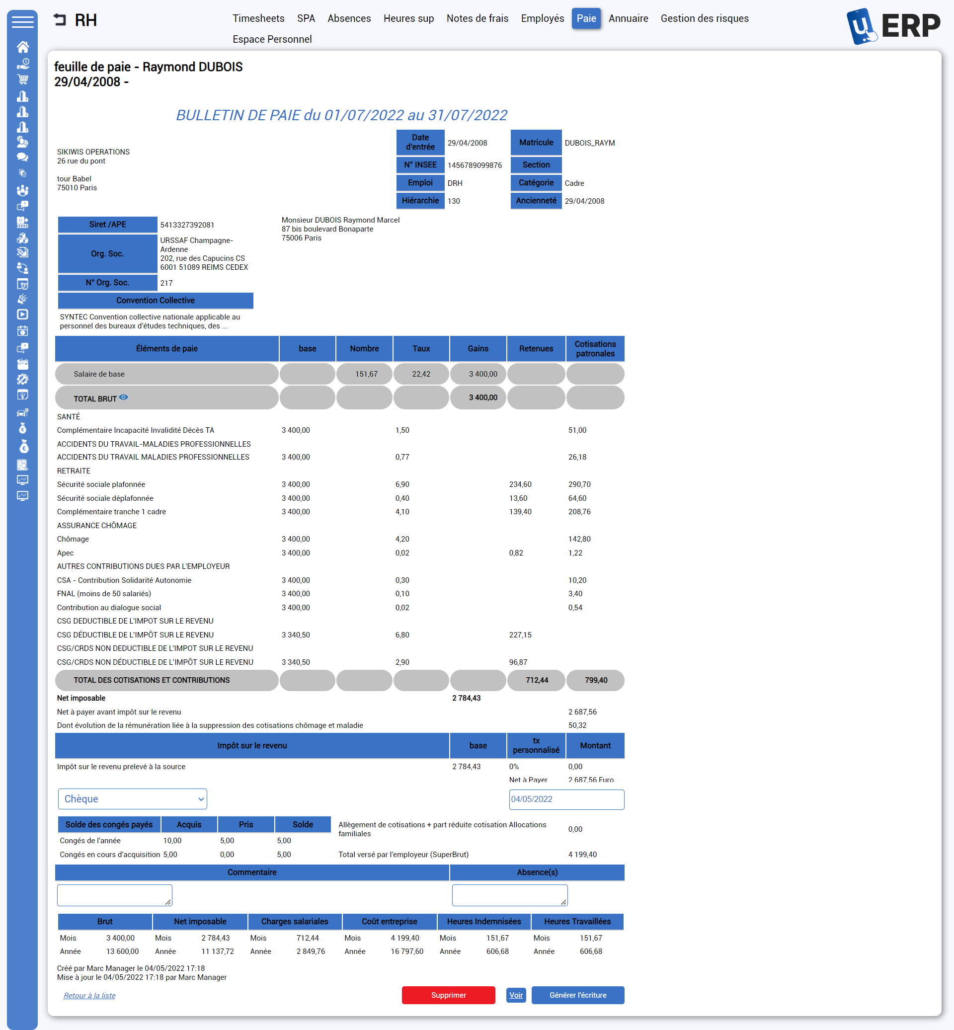 UERP QC Contrôle qualité - U-ERP Payroll-Feuille de paie