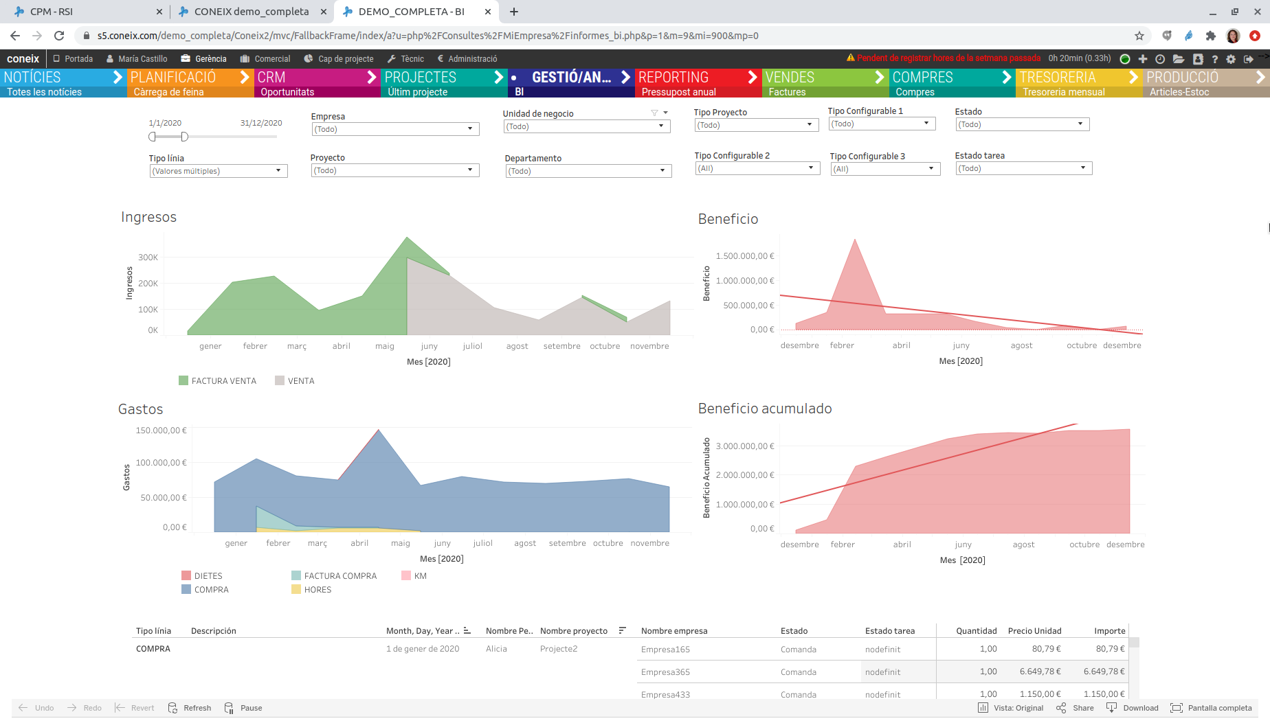 Coneix - ERP de proyectos - Reporting, principales KPIs de la empresa con Bussines Intelligence TABLEAU