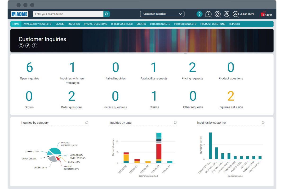 Esker | S2P & O2C - Tableau de bord de la solution Esker Customer Inquiries