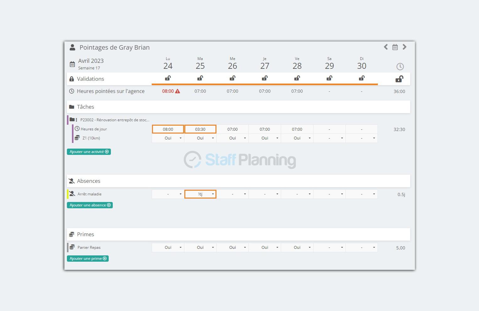 Staff Planning - La fiche de pointages d'un employé