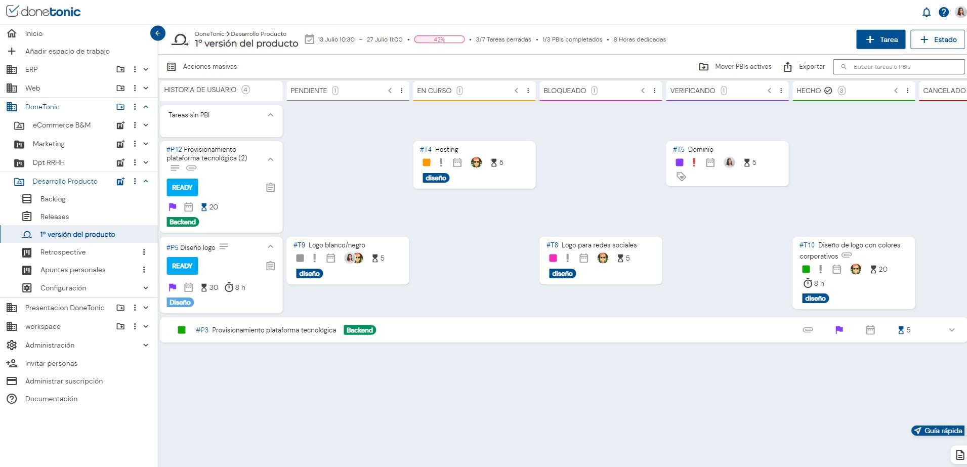 DoneTonic - Gestiona los sprint con tableros Scrum dando acceso a todos los miembros del proyecto.