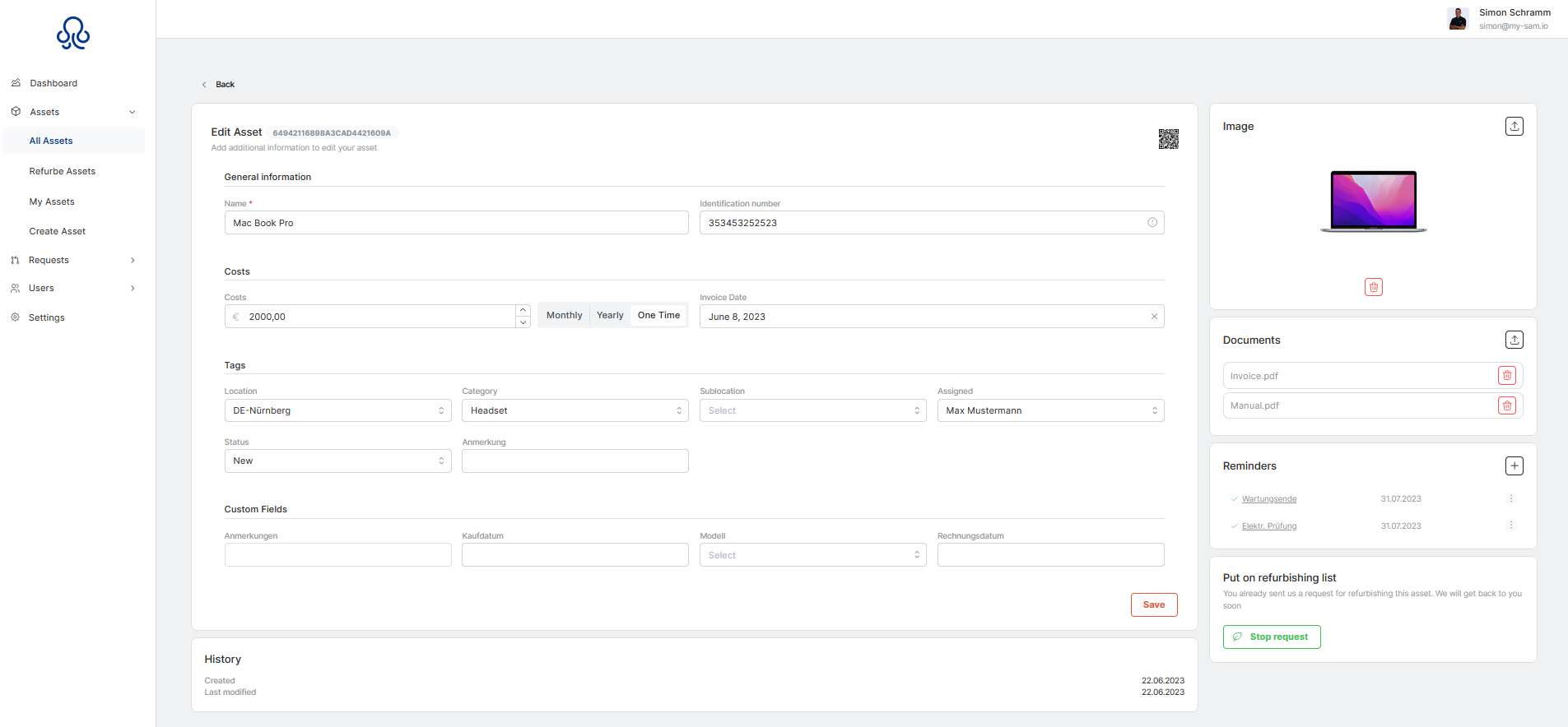 sortful - sortful Asset Detailansicht: Stammdaten des Assets / Historie, Bilder- und Dokumentenverwaltung, Erinnerungs- und Refurbishing-Funktion