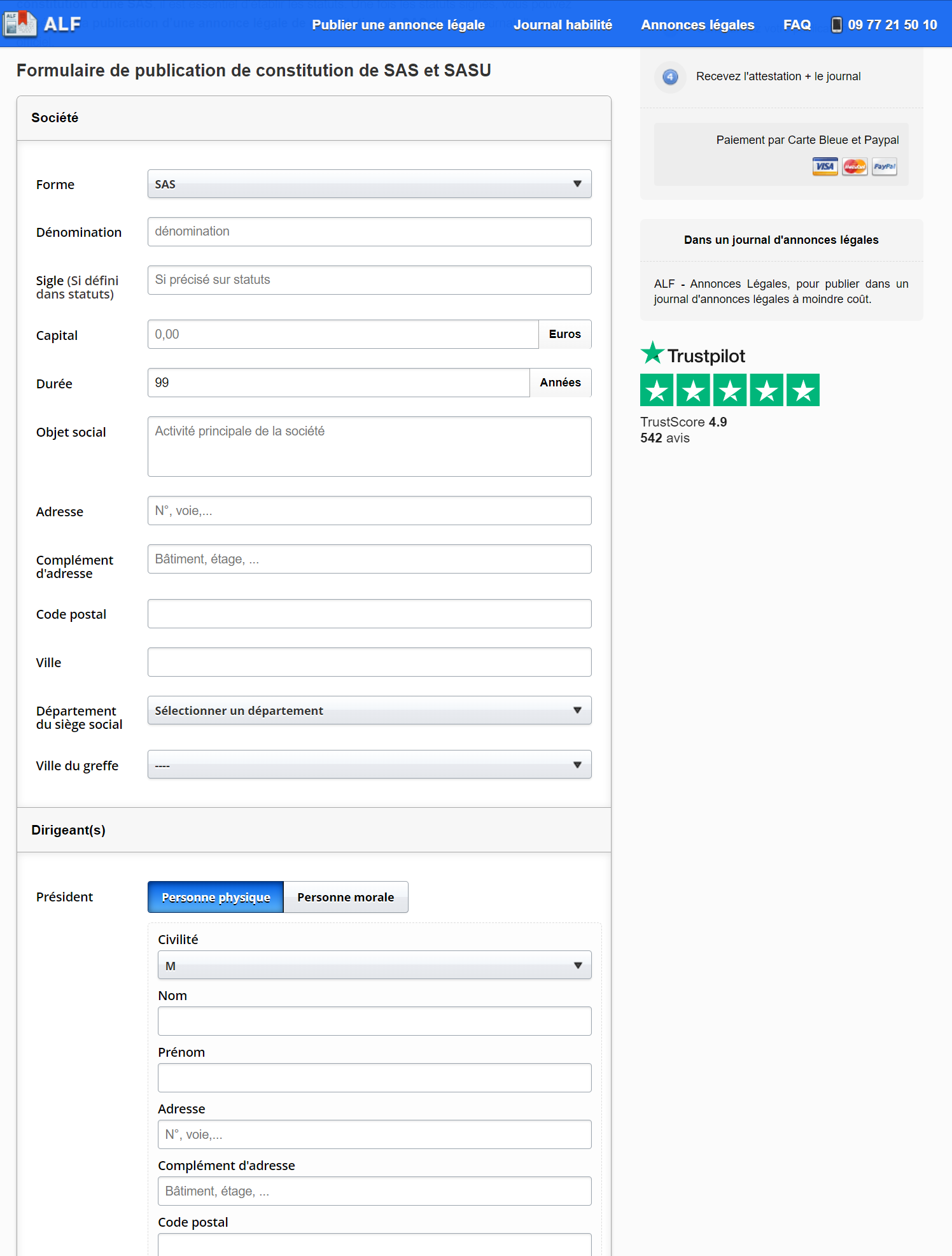 ALF - Formulaire annonce légale création de SAS