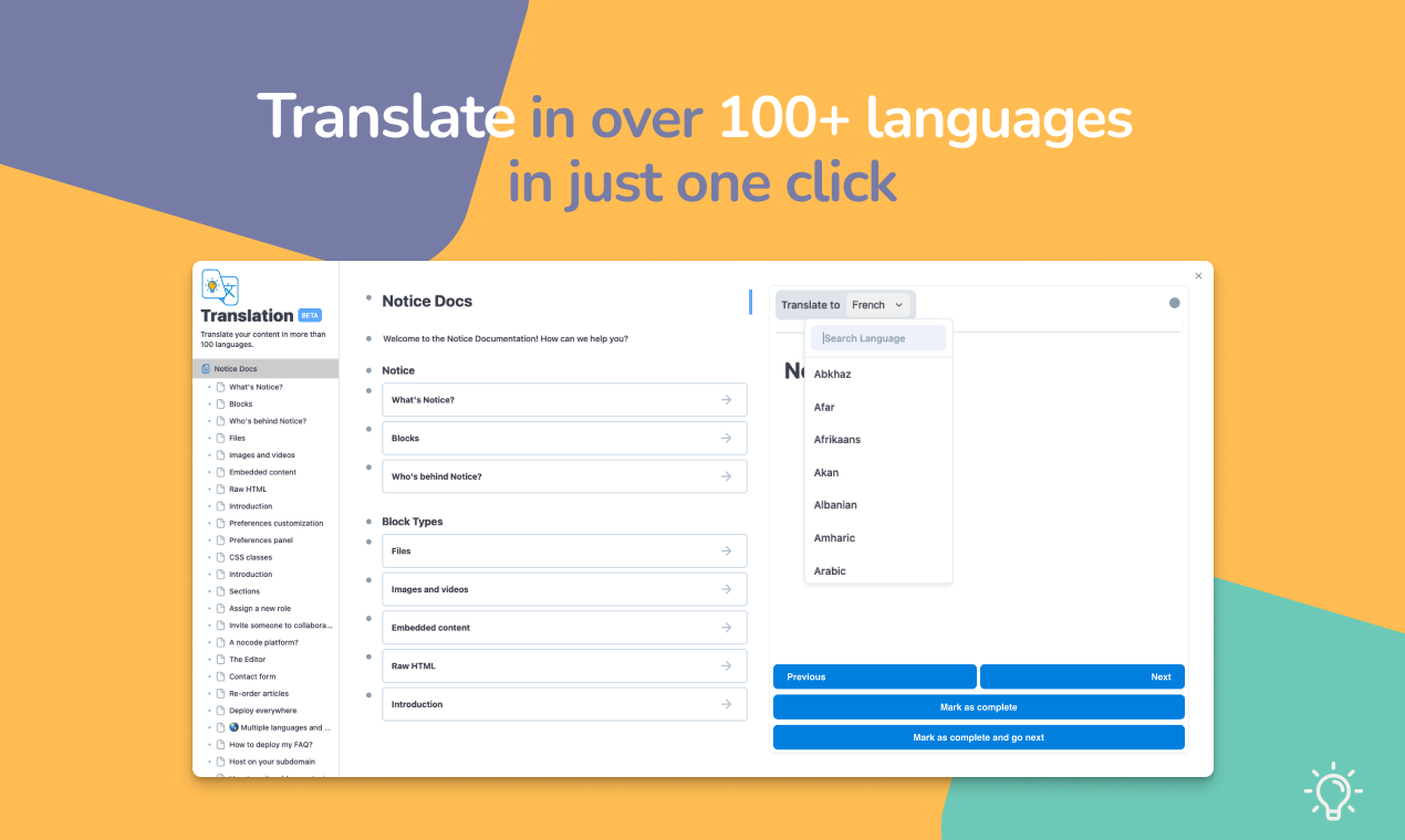 Notice - Traduction automatique en plus de 100 langues