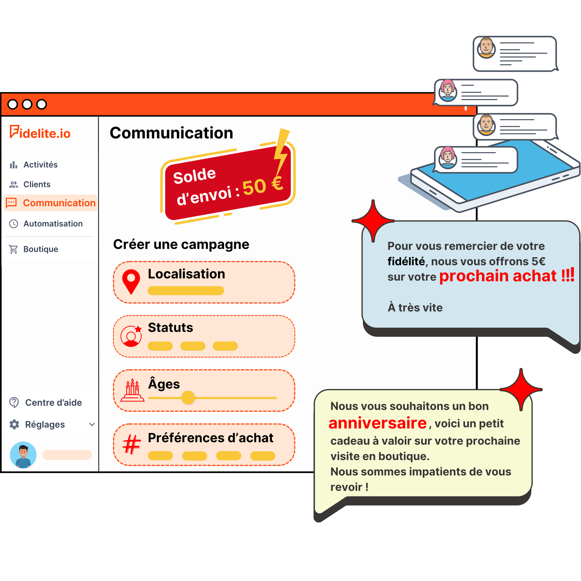 Fidelite.io - Campagne communication : Envoyez des SMS & Email à vos clients