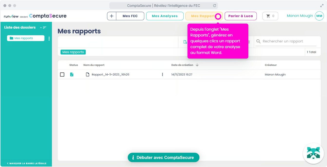 ComptaSecure - Depuis l'onglet "Mes Rapports", générez en quelques clics un rapport complet de votre analyse au format Word.