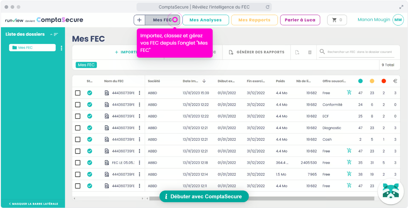 ComptaSecure - Importez, classez et gérez vos FEC depuis l'onglet "Mes FEC"