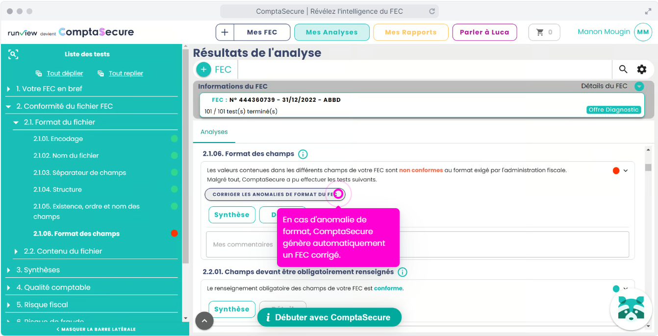 ComptaSecure - En cas d'anomalie de format, ComptaSecure génère automatiquement un FEC corrigé.